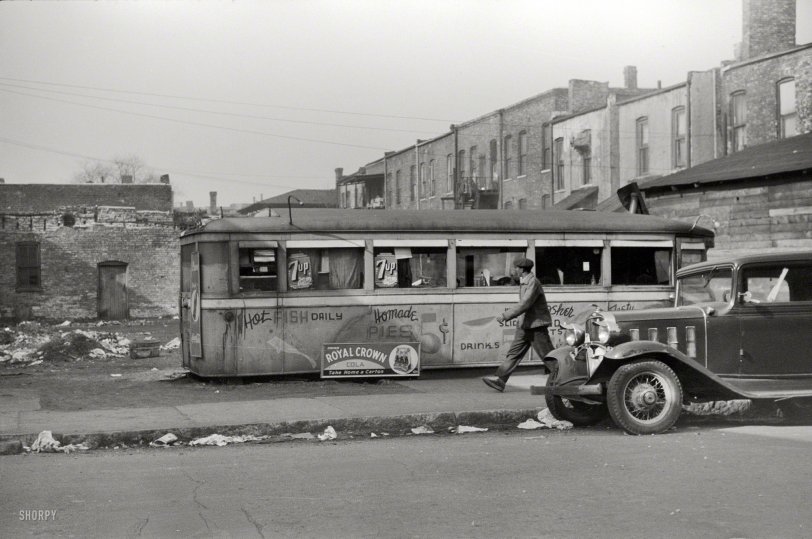 April 1941. "Chicago. Lunch wagon for Negroes." 35mm negative by Edwin Rosskam for the Resettlement Administration. View full size.
