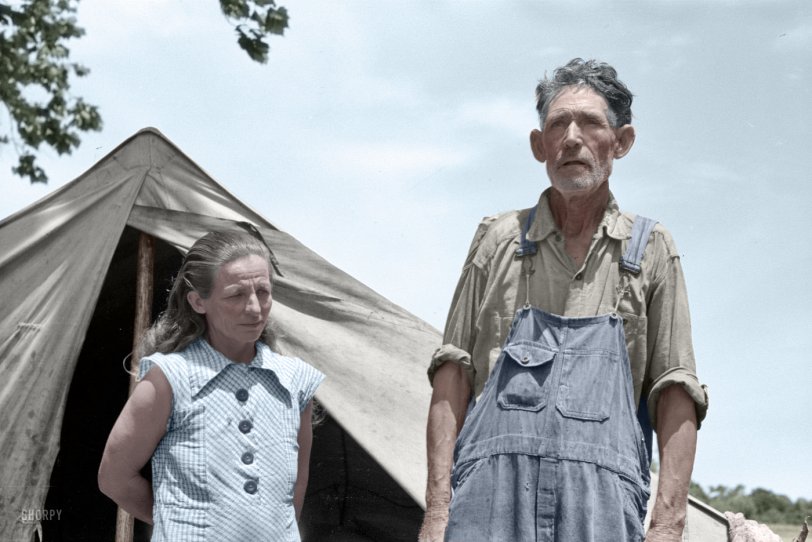 A colorized version of Russell Lee's photograph of a migrant worker and his wife, Wagoner County, Oklahoma, June 1939. The original was posted on Shorpy on 1 March 2012. View full size.
