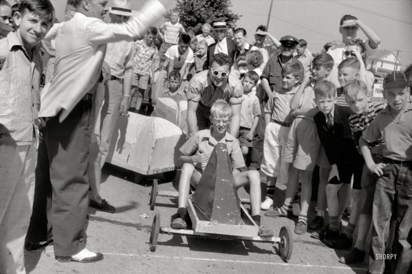 1940. "Start of soapbox auto race at Fourth of July celebration in Salisbury, Maryland." 35mm nitrate negative by Jack Delano. View full size.
