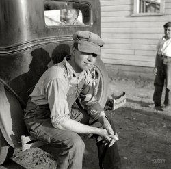 May 1936. "First settler on the Douglas County farmsteads, Nebraska." Photo by Arthur Rothstein for the Resettlement Administration. View full size.