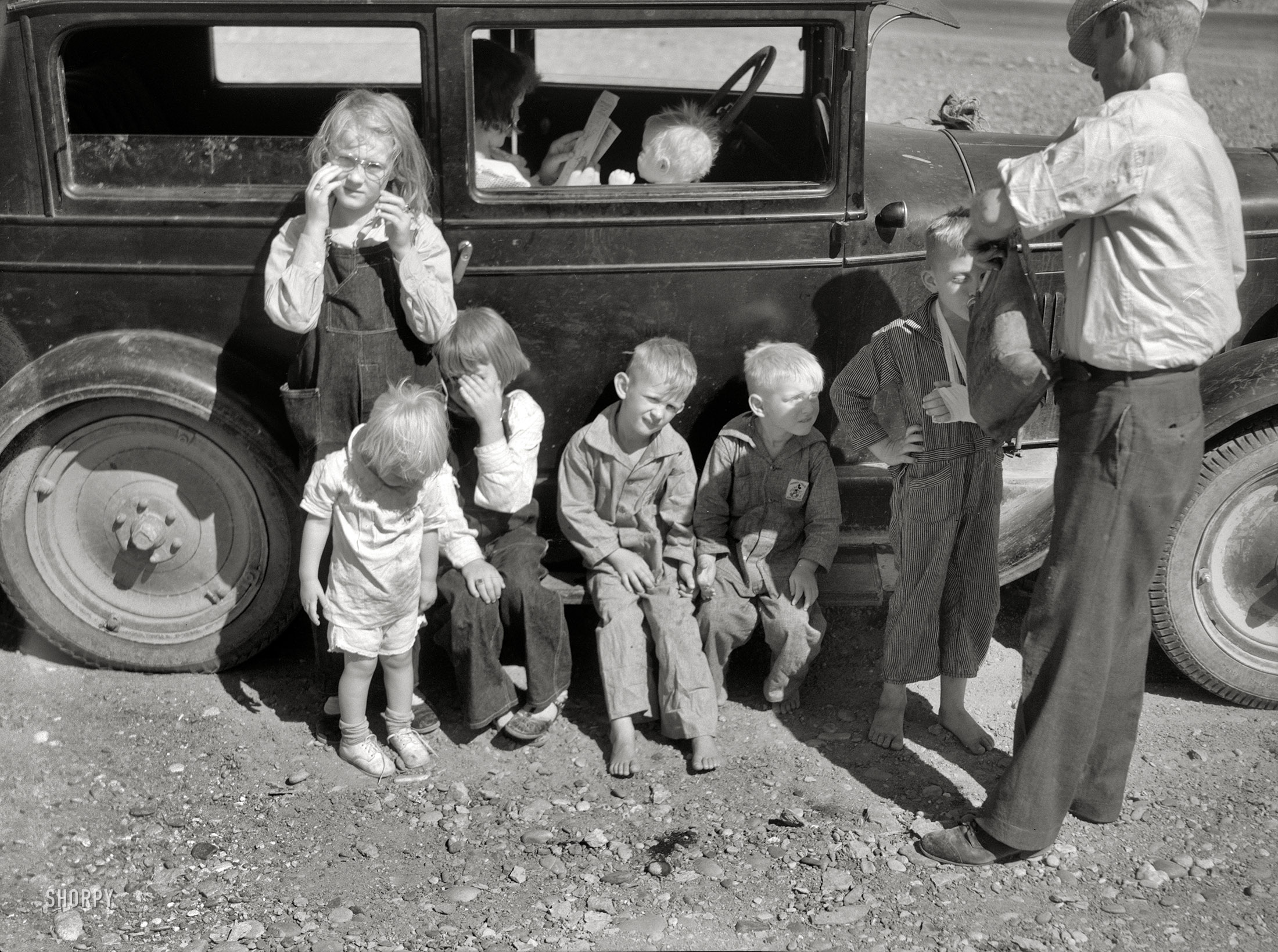 July 1936. "Drought refugees from Bowman, North Dakota, in Montana." En route to Oregon or Washington. Medium-format nitrate negative by Arthur Rothstein for the Resettlement Administration. View full size.