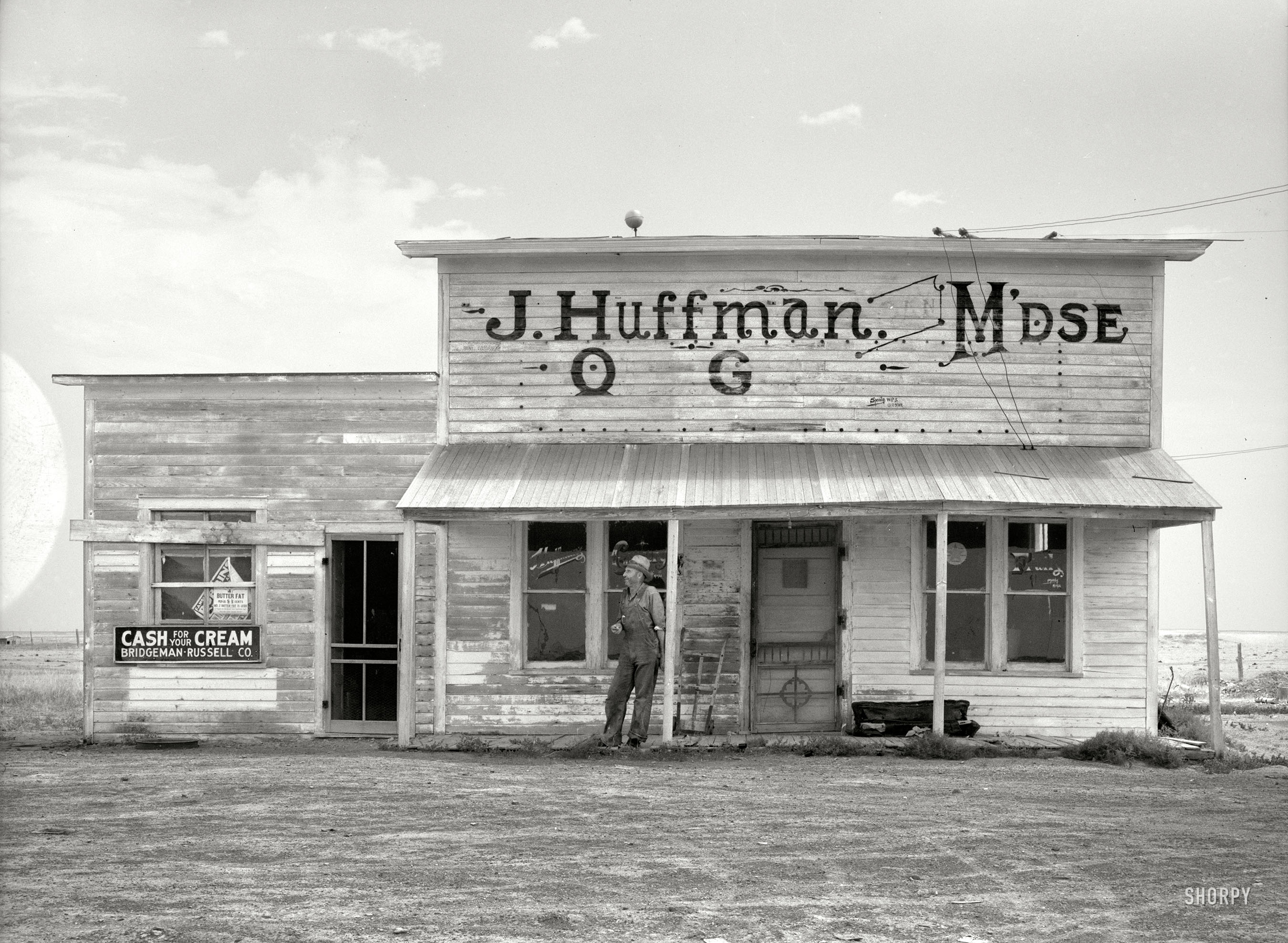 July 1936. "J. Huffman of Grassy Butte, North Dakota, has been forced to close his general store on account of the drought." Medium-format nitrate negative by Arthur Rothstein for the Resettlement Administration. View full size.