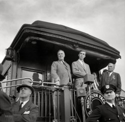 August 1936. "Tour of drought area. President Roosevelt speaking from train at Bismarck, North Dakota." Medium format nitrate negative by Arthur Rothstein for the Resettlement Administration. View full size.