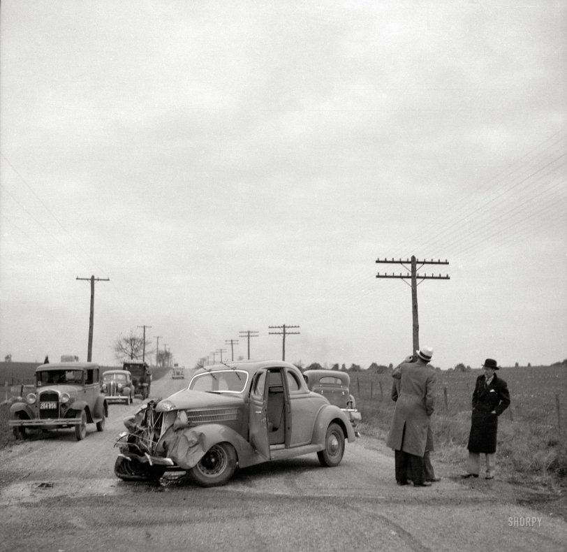 November 1936. "Automobile accident on U.S. 40 between Hagerstown and Cumberland, Maryland." Photo by Arthur Rothstein. View full size.
