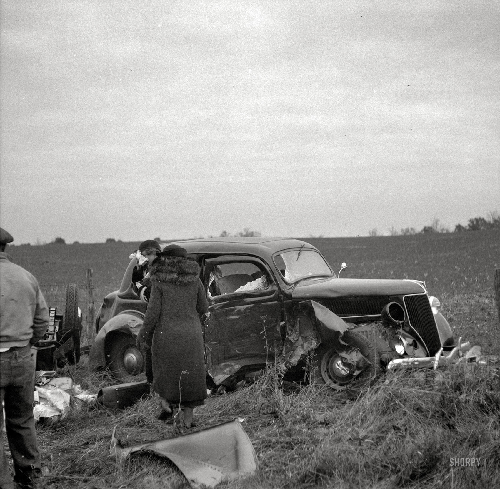 November 1936. "Automobile accident on U.S. 40 between Hagerstown and Cumberland, Maryland." Crash Reconstruction, Part 2. Medium-format negative by Arthur Rothstein for the Resettlement Administration. View full size.