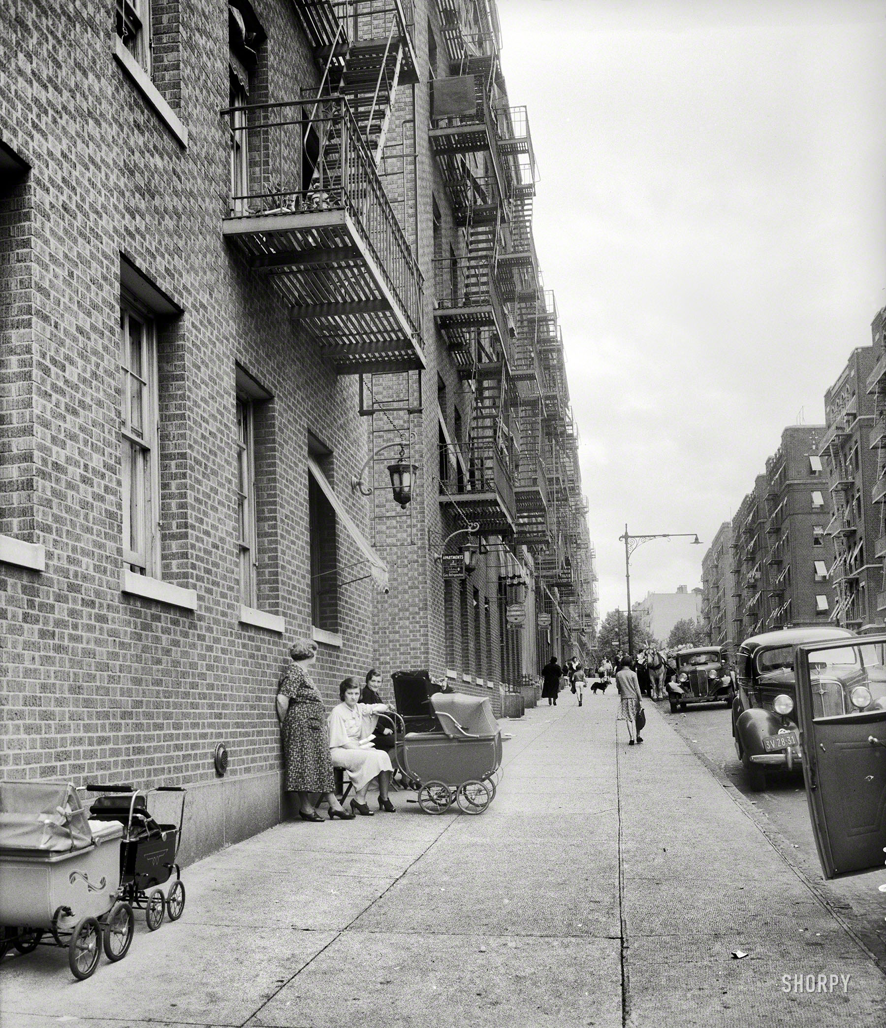 June 1936. "Bronx, New York. Background photo for Hightstown project. Many of the future Hightstown settlers are now living in the Bronx district. This is the street on which Mr. Morris Back and family, certified applicant for resettlement, now live." Photo by Dorothea Lange for the Resettlement Administration, whose plan to move hundreds of Eastern European, mostly Jewish, immigrants from New York to rural New Jersey met with a resounding meh. View full size.