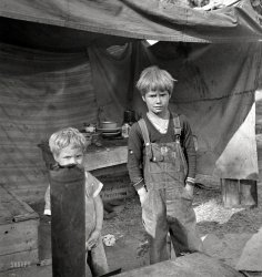 November 1936. "American River camp near Sacramento, California. Children of destitute family. Five children aged two to seventeen." Photo by Dorothea Lange for the Resettlement Administration. View full size.
