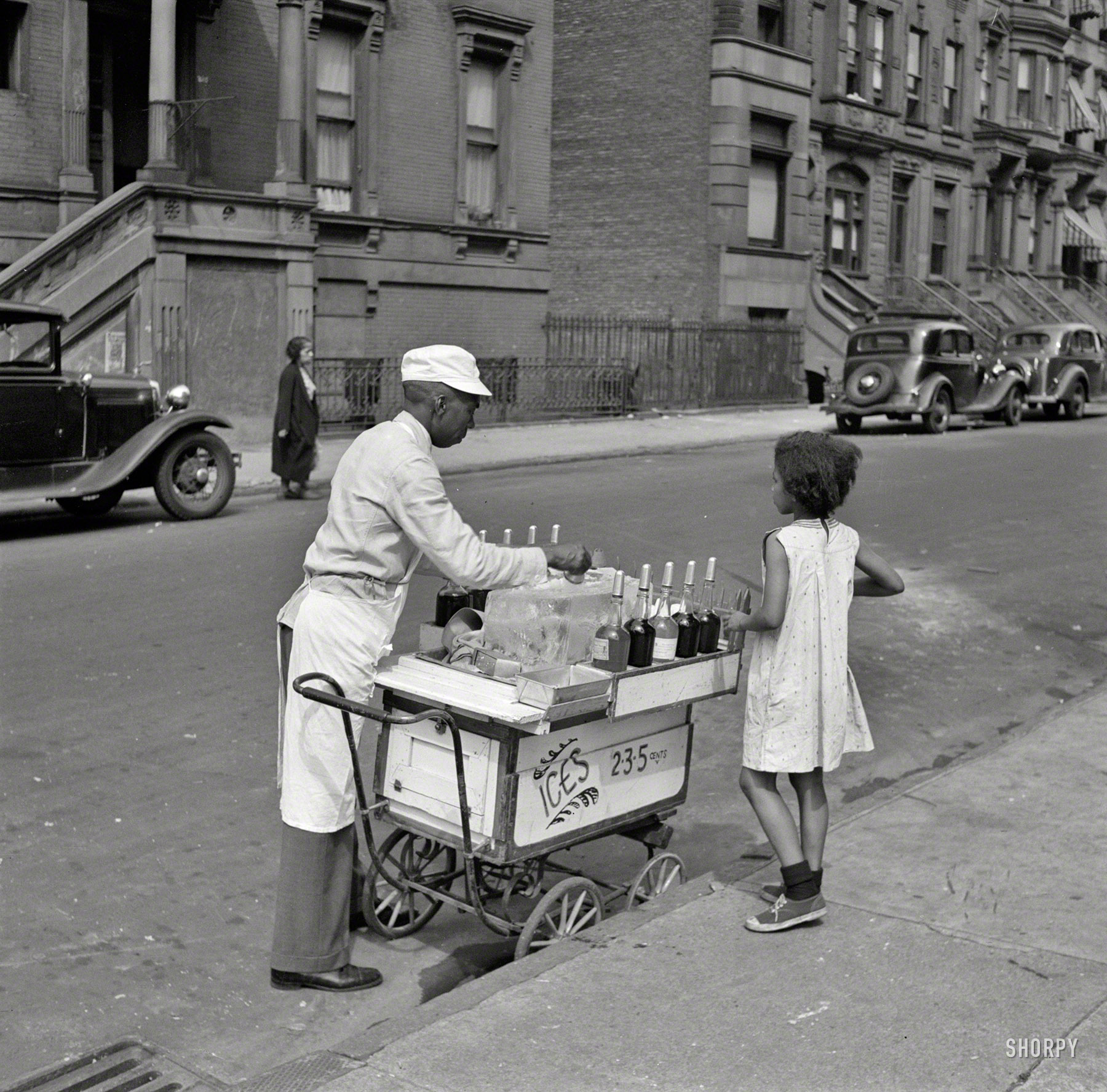 New York, summer 1938. "Street vendor of shaved ices." View full size. Medium format nitrate negative by Jack Allison for the Farm Security Administration.