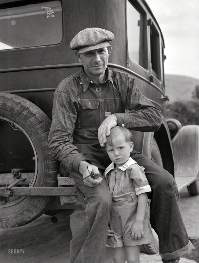 November 1936. "Drought refugee from Polk, Missouri. Awaiting the opening of orange picking season at Porterville, California." Photo by Dorothea Lange for the Resettlement Administration. View full size.
