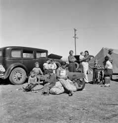 March 1937. "Four families, three of them related with 15 children, from the Dust Bowl in Texas in an overnight roadside camp near Calipatria, California." Photo by Dorothea Lange for the Resettlement Administration. View full size.