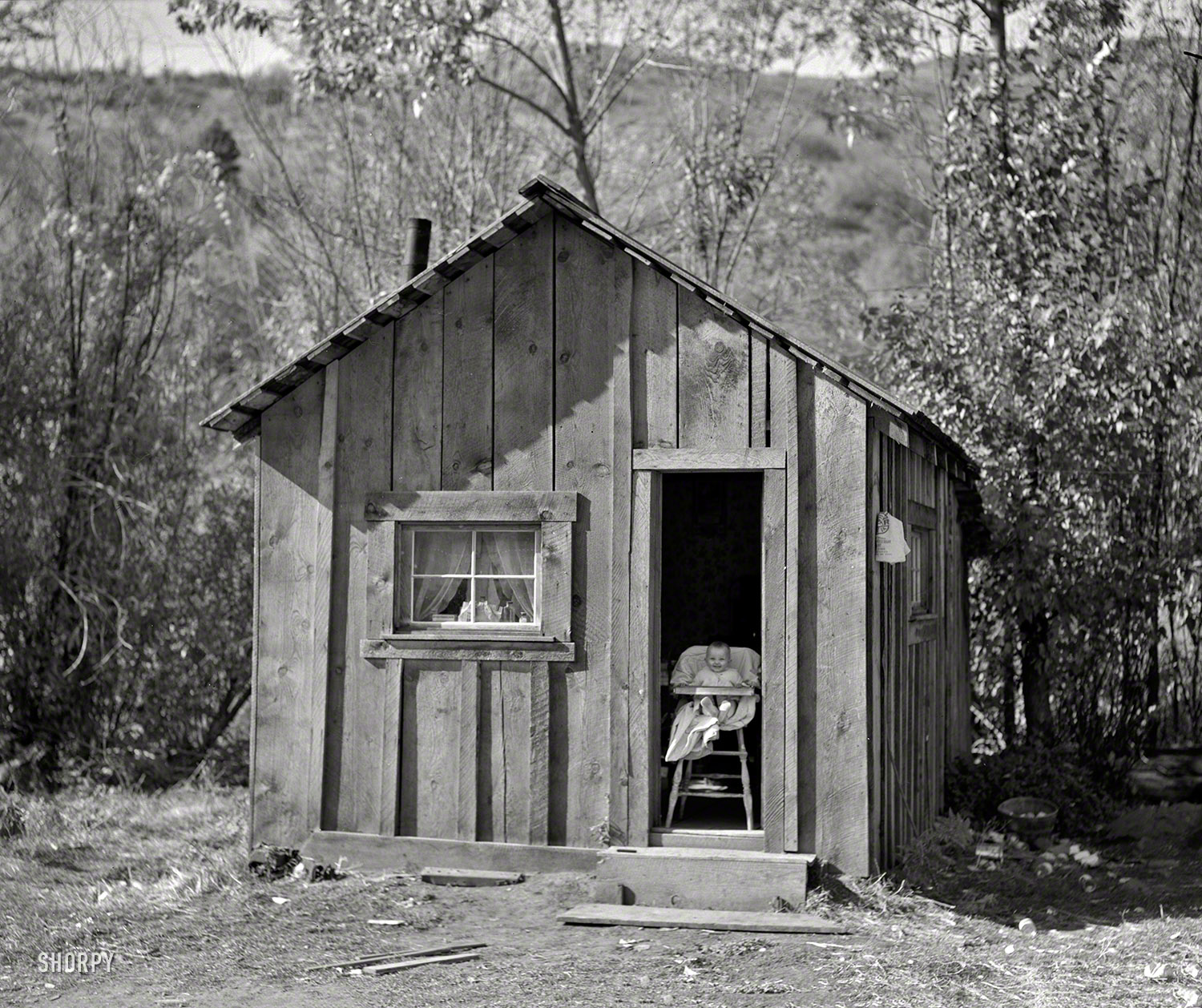 October 1939. "Home of one member of Ola self-help sawmill co-op, Gem County, Idaho. 'She likes to sit in the door and watch the geese'." Seen earlier here. Photo by Dorothea Lange for the Farm Security Administration. View full size.