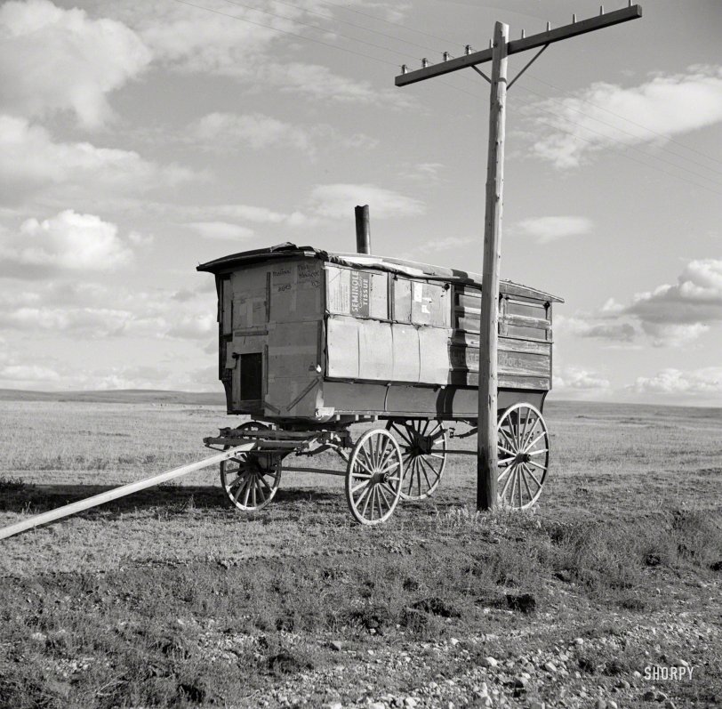 October 1937. "Old school bus. Williams County, North Dakota." Medium-format negative by Russell Lee for the Farm Security Administration. View full size.
