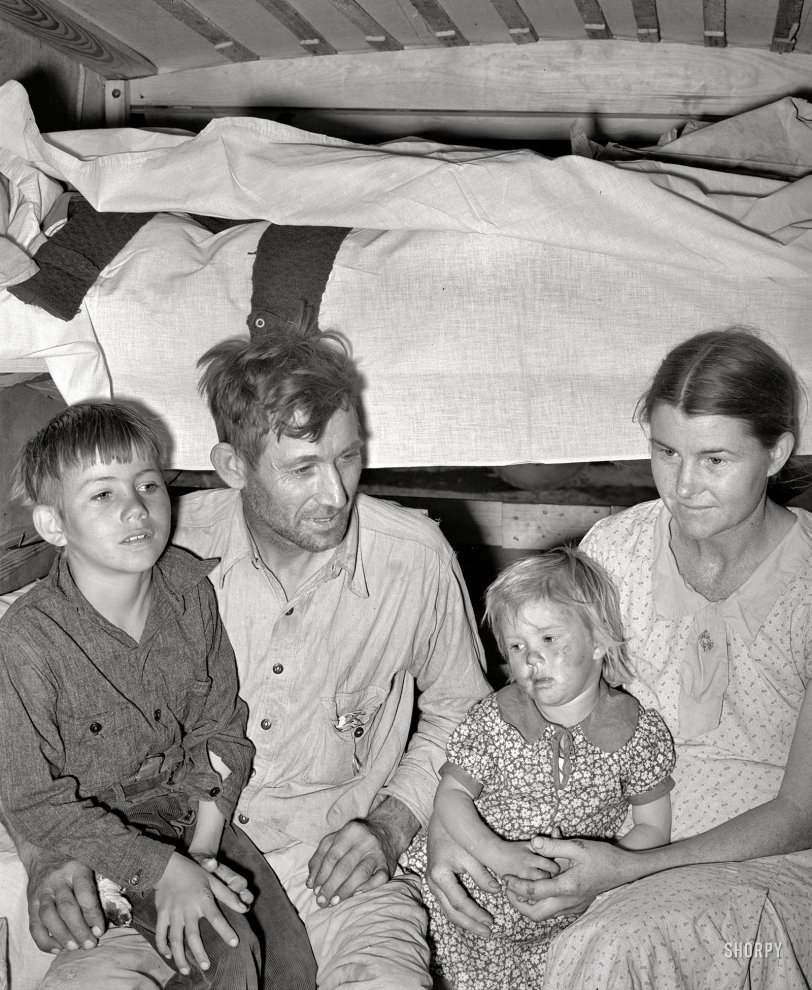February 1939. "White migrant family in trailer home near Edinburg, Texas." Photo by Russell Lee for the Resettlement Administration. View full size.
