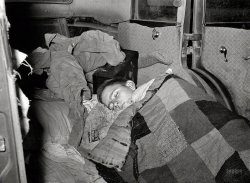 February 1939. "White migrant boy asleep in car. He came with his father from Houston to Edinburg, Texas." Good night, John-Boy. Medium-format nitrate negative by Russell Lee for the Resettlement Administration. View full size.
Long trip now, even longer thenA drive from Houston to Edinburg is still a pretty good haul nowadays, even with a 4 lane highway nearly all the way down. I can only imagine how long it would have taken in 1939, on 2 lane roads in an underpowered car. No wonder the kid is tired.
Check the quiltMade from old suits. My Mother made my baby quilt of old baseball uniforms in the Depression on the prairies; I donated it to a museum depicting the 30's Depression in Western Canada. It is one of the items most commented on.  
Not a second thoughtI bet that worrying about things like dust mites never crossed minds in those days.
Big CarBad roads, no doubt, but this was not an underpowered car--shabby, no doubt--once a fine automobile. Probably a seven-passenger sedan, and with the rear-seat cushions and jump seats removed, there's a lot of acreage back there. The openable rear-side window with wood framing, arm rest, and pull cord for a roll-up shade all point to a fancy car. Not so different looking than this '31 Cadillac. The lack of wood visible in the rear-body structure, however, leans more toward Chrysler. The broken window crank is reminiscent of both makes.
I have that quilt!I have that quilt! It looks exactly like my 'hobo quilt' that I picked up at a Salvation Army Thrift Store in Morgantown West Virginia. I paid $2 for it about 10 years ago. Yes, it's made of old suits and it is the warmest blanket I own!
There Is Something AboutThe peaceful innocence of sleep.
(The Gallery, Cars, Trucks, Buses, Russell Lee)