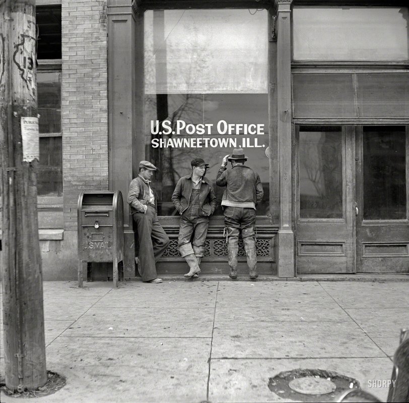 April 1937. "U.S. post office. Shawneetown, Illinois." Medium format negative by Russell Lee for the Resettlement Administration. View full size.
