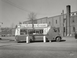 October 1941. "Syracuse ice cream vendor." A mobile Cole Cream dispenser. Medium-format nitrate negative by John Collier. View full size.