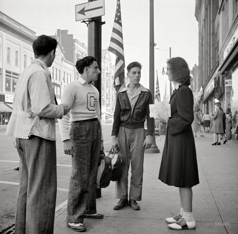 October 1941. "After school. Amsterdam, New York." See you at the soda shop. Medium-format nitrate negative by John Collier. View full size.
