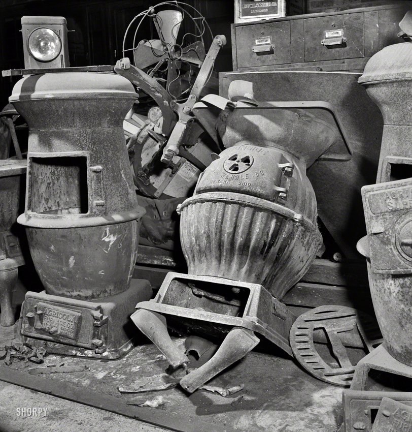 May 1942. "Washington, D.C. Scrap salvage campaign, Victory Program. 'Old Ironside' is written on this stove found in warehouse of wholesale junk dealer." Photo by Marjory Collins for the Office of War Information. View full size.
