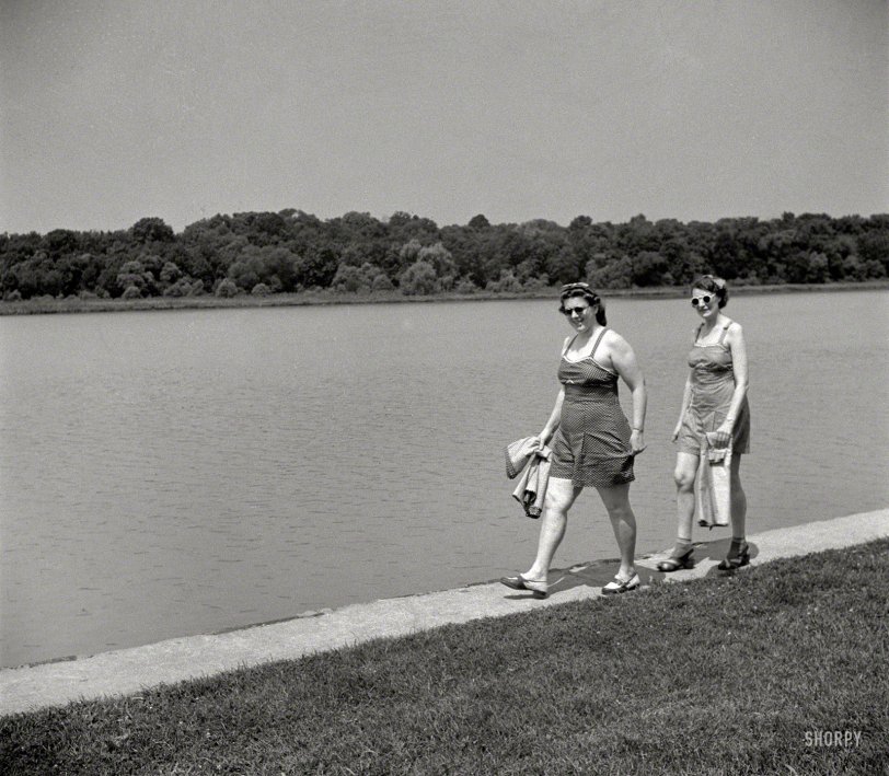 June 1942. "Sunbathers in East Potomac Park on Sunday." The White-Breasted Knee-Knocker appears at the first sign of warm weather. Medium format negative by Marjory Collins for the Office of War Information. View full size.
