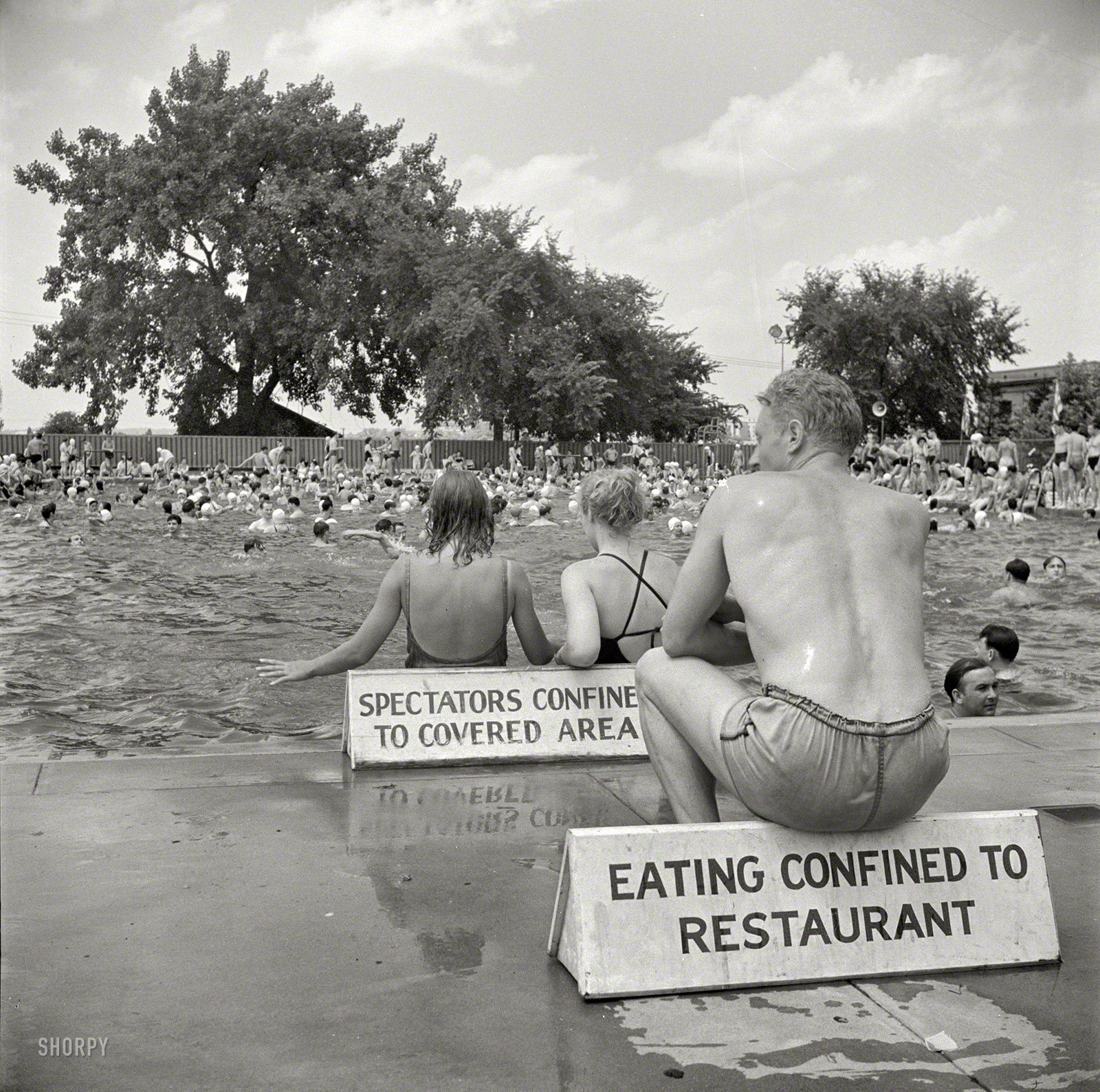 July 1942. Washington, D.C. "Municipal swimming pool on Sunday." Remember: Sitting confined to sign. Photo by Marjory Collins for the OWI. View full size.