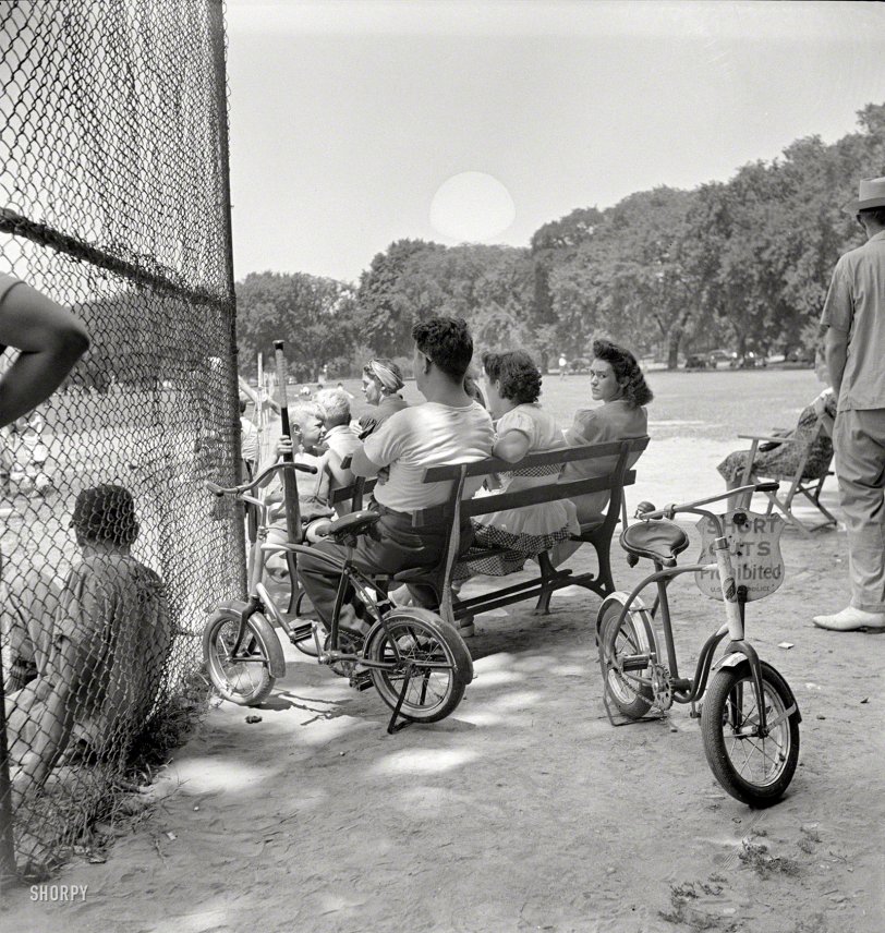 July 1942. Washington, D.C. "Spectators at a baseball game: wives, sweethearts and children of the players; passersby and regular fans." Medium format nitrate negative by Marjory Collins for the Office of War Information. View full size.
