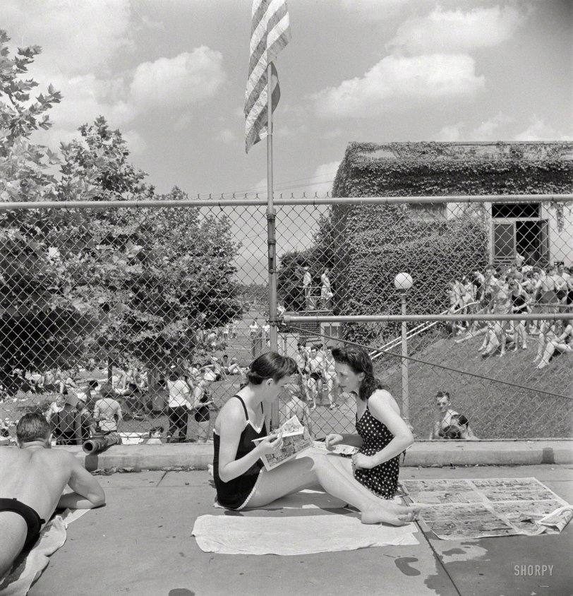 July 1942. Washington, D.C. "Sunday swimmers at the municipal pool." These girls are all about the comics. So where's Superman? Medium format nitrate negative by Marjory Collins for the Office of War Information. View full size.
