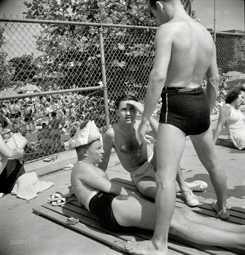 July 1942. Washington, D.C. "Sunday at the edge of the municipal swimming pool." Medium format nitrate negative by Marjory Collins. View full size.
