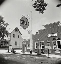 July 1942. "Gasoline rationing -- service station in Mechanicsville, Maryland." Photo by Marjory Collins for the Office of War Information. View full size.