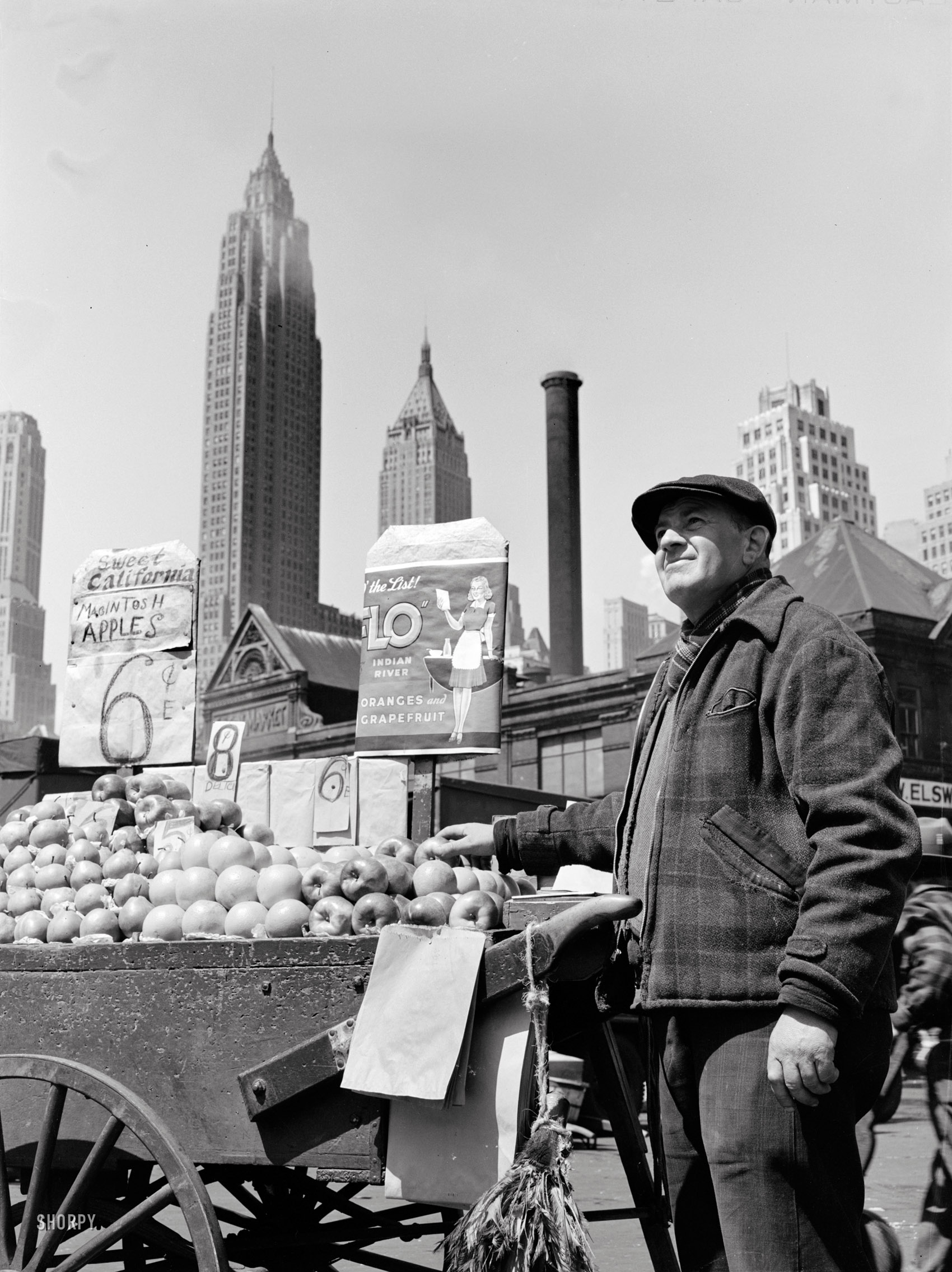New York, May 1943. "Pushcart fruit vendor at the Fulton Fish Market." Photo by Gordon Parks for the Office of War Information. View full size.