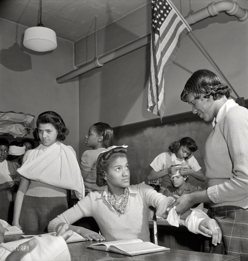 March 1942. Washington, D.C. "First aid class at the Banneker Junior High School." Photo by Marjory Collins, Office of War Information. View full size.
