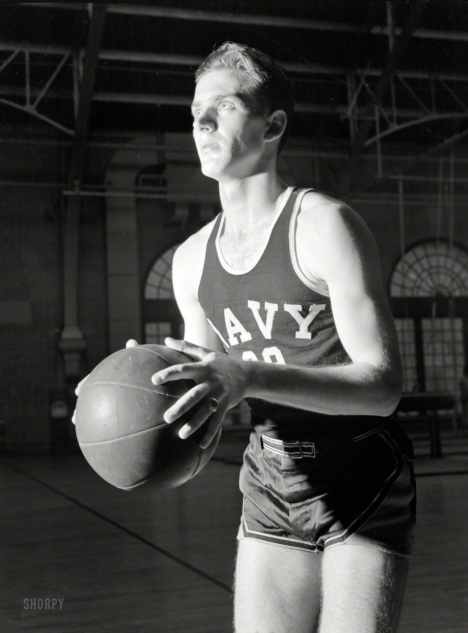 July 1942. "U.S. Naval Academy, Annapolis, Maryland. Basketball player." One of more than 200 Office of War Information pictures of Naval Academy scenes taken by a photographer identified only as "Lieutenant Whitman." View full size.