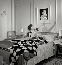New York, 1942. Another of Albert Fenn's photos recording the family life of musician Eddie South. The Shorpy Research Department believes this to be his first wife, the former Kathryn Crum, crocheting a bedspread. View full size.