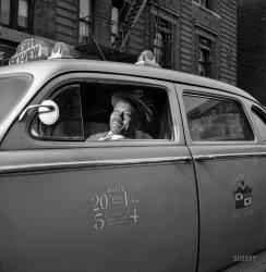 &nbsp; &nbsp; &nbsp; &nbsp; The "Sky-View" taxi was a long-wheelbase DeSoto sedan with a plexiglas sunroof.
1942. "New York. Negro taxi driver. Story dealing with the life of Negroes in New York, their professions, occupations, and recreational activities." Photo by Albert Fenn for the Office of War Information. View full size.
