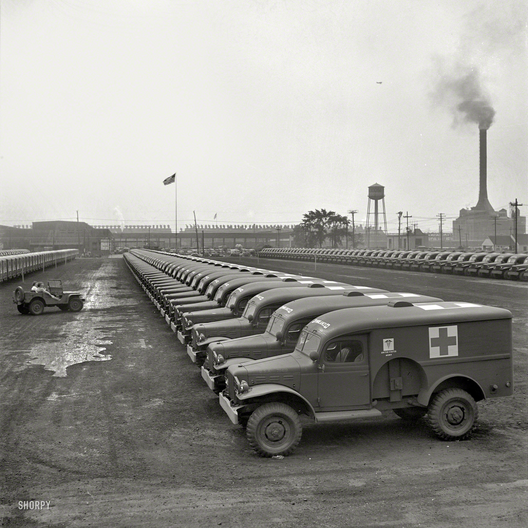 August 1942. "Detroit, Michigan. Chrysler Corporation Dodge truck plant. Dodge ambulances are here, lined up for delivery to the Army." Photo by Arthur Siegel for the Office of War Information. View full size.