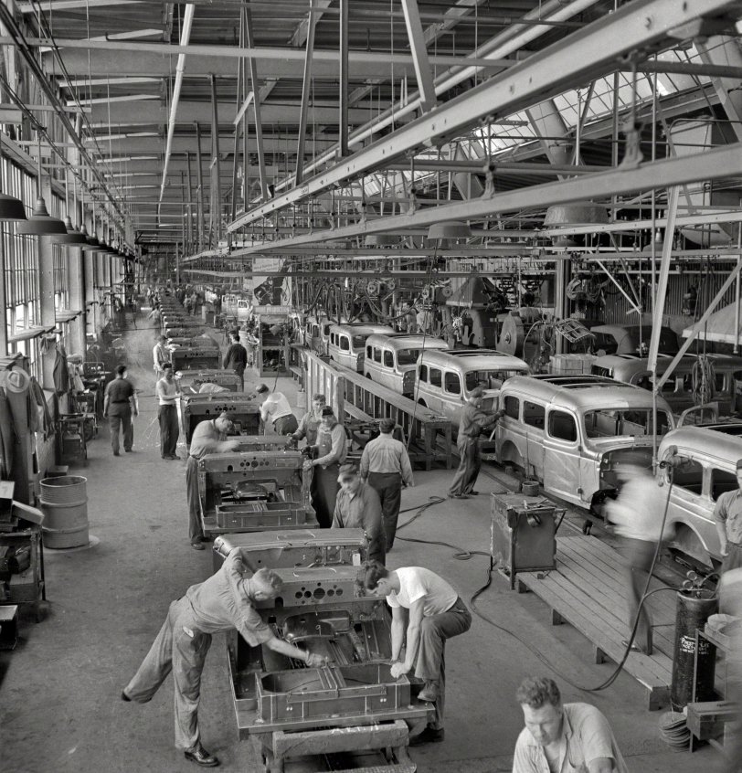 August 1942. "Detroit (vicinity). Chrysler Corporation Dodge truck plant. Hundreds of deft operations are required to assemble and finish the long lines of Dodge Army truck bodies that move daily to final production lines." Just one of the thousands of production lines that spelled doom for the Axis. Medium-format negative by Arthur Siegel, Office of War Information. View full size.
