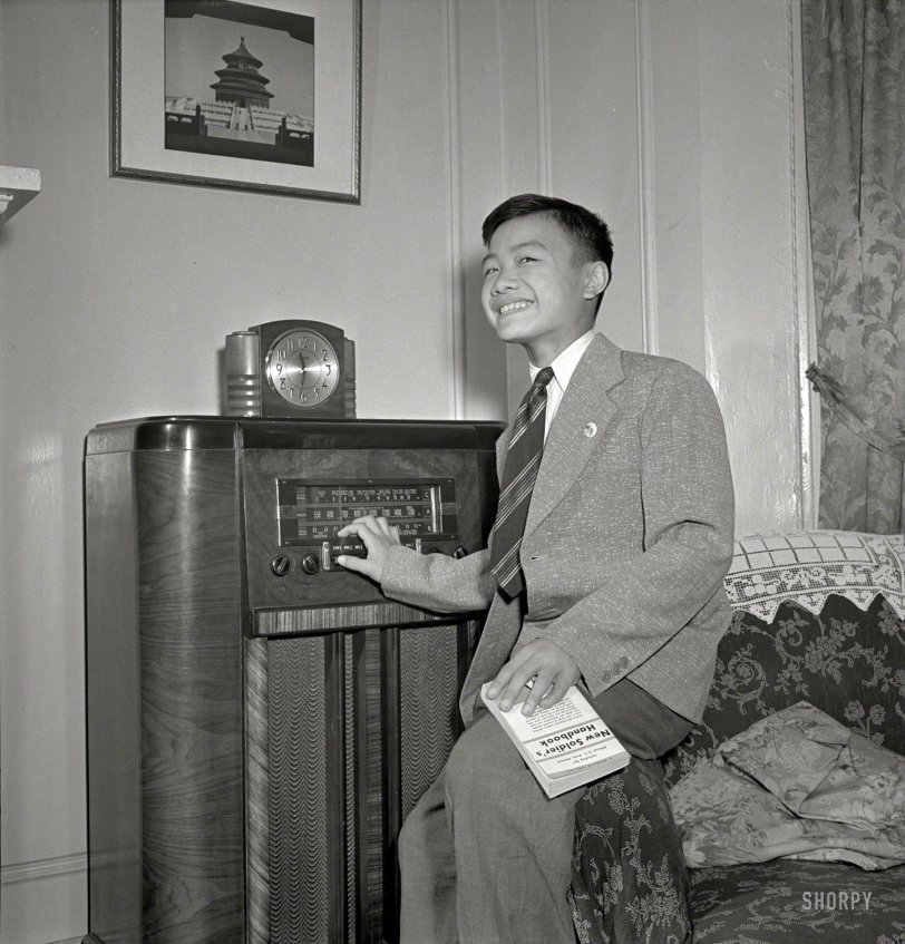 August 1942. "New York. Chinese-American boy in his home in Flatbush." Medium-format nitrate negative by Marjory Collins. View full size.
