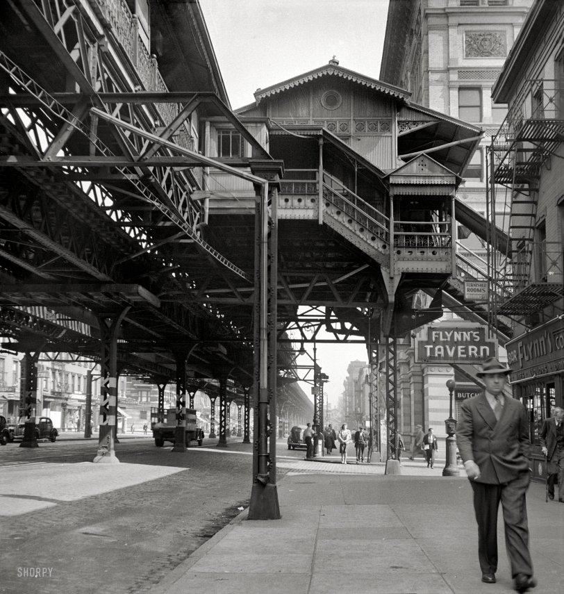 September 1942. "New York. Third Avenue elevated railway at 18th Street." The Shorpy Pub Crawl starts at Flynn's! Medium format negative by Marjory Collins for the Office of War Information. View full size.
