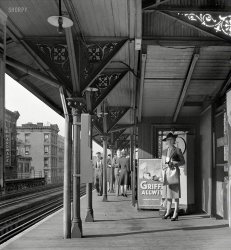 September 1942. "New York. Third Avenue elevated railway station in the Seventies at 8:30 a.m." America's Favorite at the "Guess It" scales. Photo by Marjory Collins for the Office of War Information. View full size.