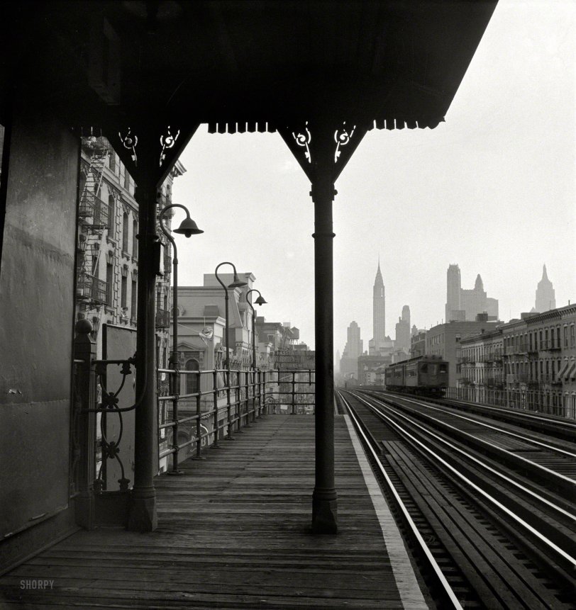 September 1942. "New York. Looking downtown from the Third Avenue elevated railway in the 'Fifties'." A platform on the long-vanished El. Medium format nitrate negative by Marjory Collins for the Office of War Information. View full size.
