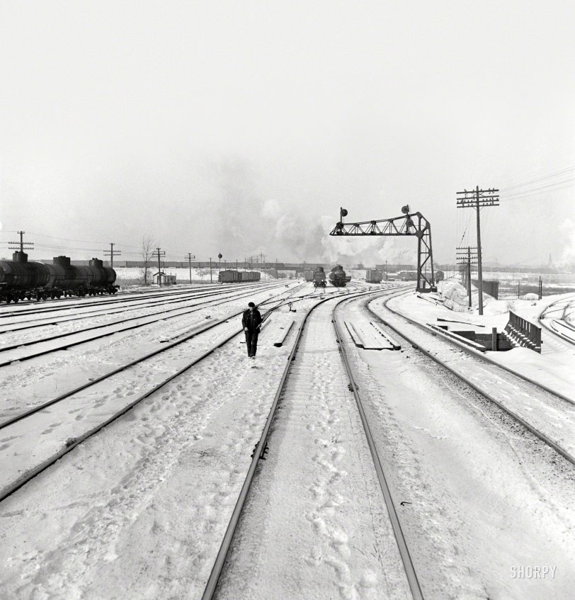 January 1943. Chicago, Illinois. "Freight operations on the Indiana Harbor Belt railroad between Chicago and Hammond, Indiana. The Chicago &amp; North Western Railroad yard." Photo by Jack Delano, Office of War Information. View full size.
