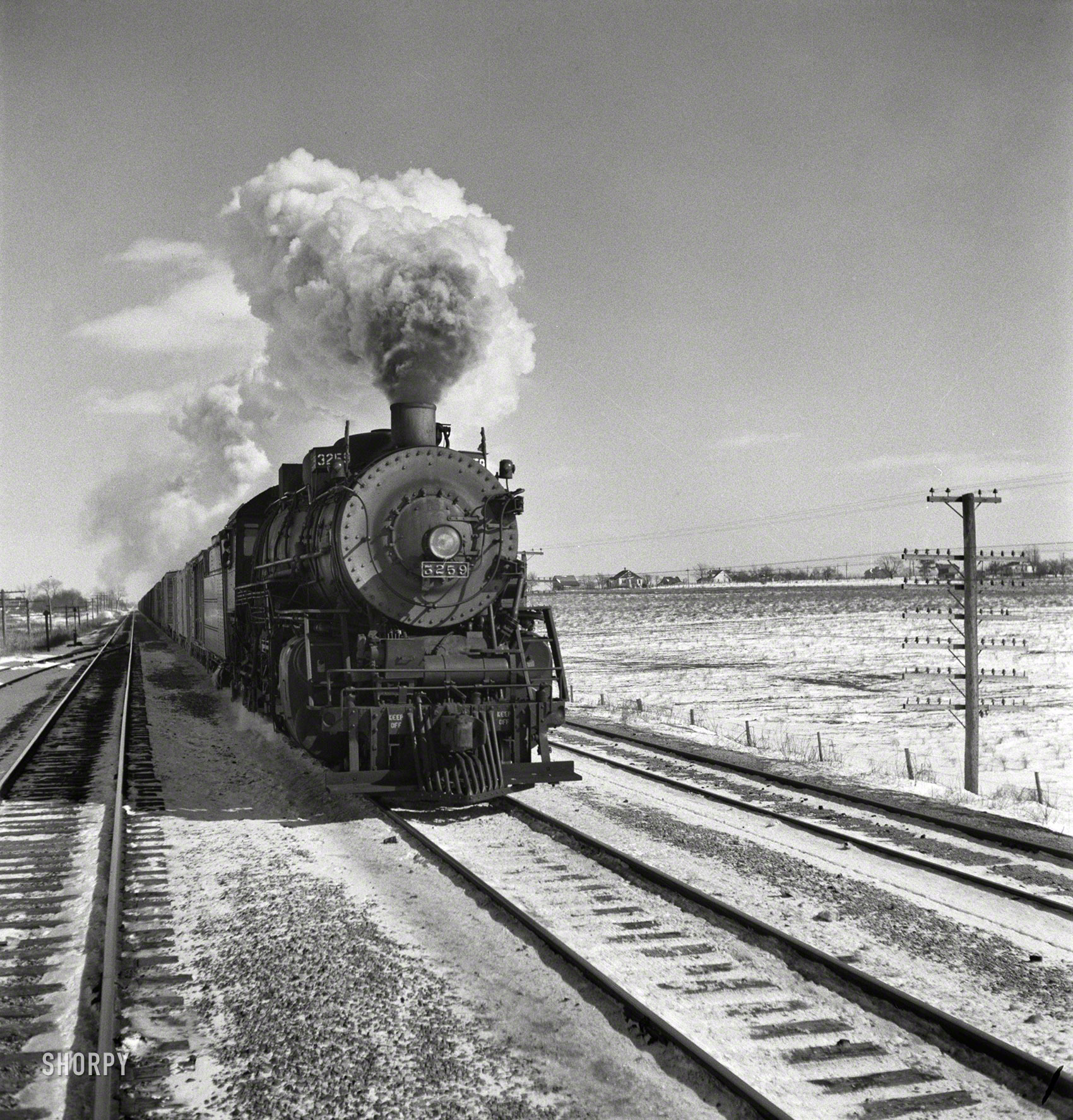 March 1943. "On the Atchison, Topeka & Santa Fe between Chicago and Chillicothe, Illinois." Another of the many photos by Jack Delano documenting his trip on a freight train from Chicago to California. View full size.