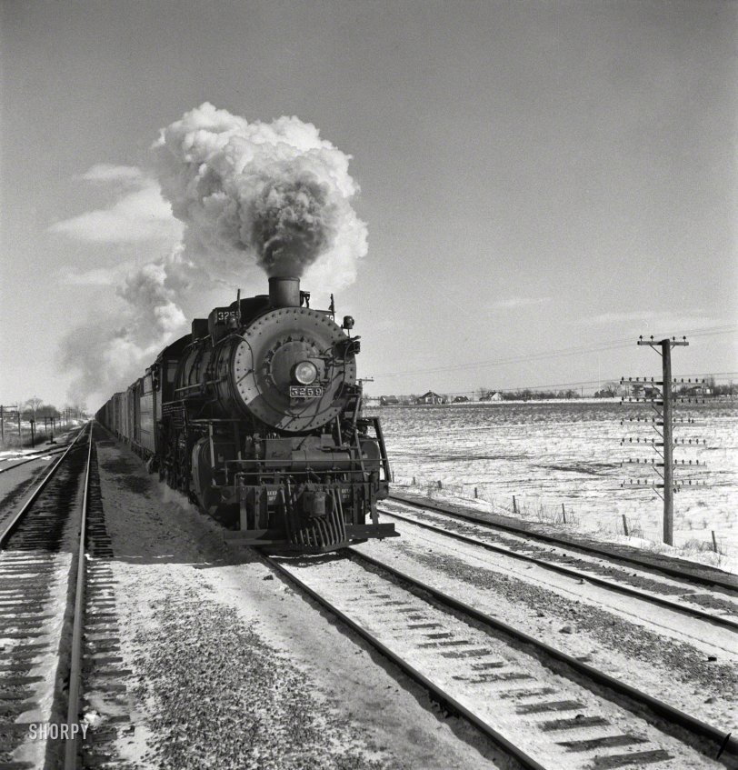 March 1943. "On the Atchison, Topeka &amp; Santa Fe between Chicago and Chillicothe, Illinois." Another of the many photos by Jack Delano documenting his trip on a freight train from Chicago to California. View full size.
