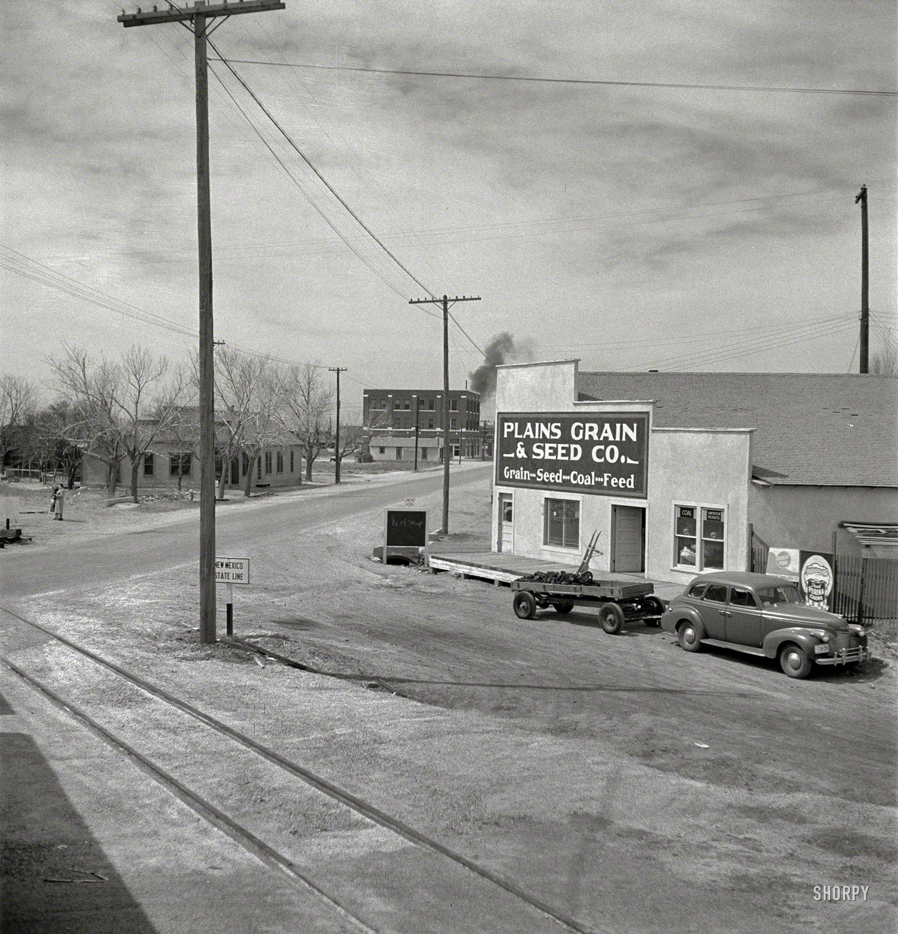 March 1943. "Farwell, Texas, at the New Mexico state line. Going through town on the Atchison, Topeka & Santa Fe Railroad between Amarillo, Texas, and Clovis, New Mexico." Photo by Jack Delano, Office of War Information. View full size.
