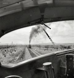March 1943. "Ash Fork, Arizona (vicinity). Passing an eastbound freight on the Atchison, Topeka &amp; Santa Fe Railroad between Winslow and Seligman." Medium-format negative by Jack Delano, Office of War Information. View full size.
From the future looking pastIt appears that our vantage point is from a diesel locomotive looking onwards as a steam engine will come past us.  I really want to guess that this is an EMD FT engine that we are riding.
[He's on the locomotive shown below. - Dave]
PortholesThe portholes are the round windows visible in this previous Shorpy photo and the pic posted by Phare Pleigh in the comments.
Little change in the landscapeI believe this is the track that parallels I-40.  I drove it eastbound from California 5 weeks ago, and it didn't look any different!
LocoI was thinking the same thing -- FT it could be!  Maybe an early F3?  What do you suppose the wooden barricades are along the R.O.W.?  Protection for a culvert?
[Those are the wings of the cattle guards. They prevent cattle from sneaking around the grids, and are angled to accommodate passage of varying train and car widths. --tterrace]
Four portholesidentify these as FT's at 1350 HP per unit. The F-3 model wasn't built until after the war. 
SorryWhat 'port holes'?  Where would they be.
Water is rightThese units were an exception to the general embargo on diesel unit construction during the war; they were permitted due to the difficulty of getting good water supplies across the desert.
Milepost 398That white pole alongside the steamer must be Milepost 398 (from Albuquerque); Delano is looking WSW from about 35.239N 112.446W. The hill beyond the windshield wiper is Picacho Butte, 35.229N 112.741W.
(The Gallery, Jack Delano, Railroads)