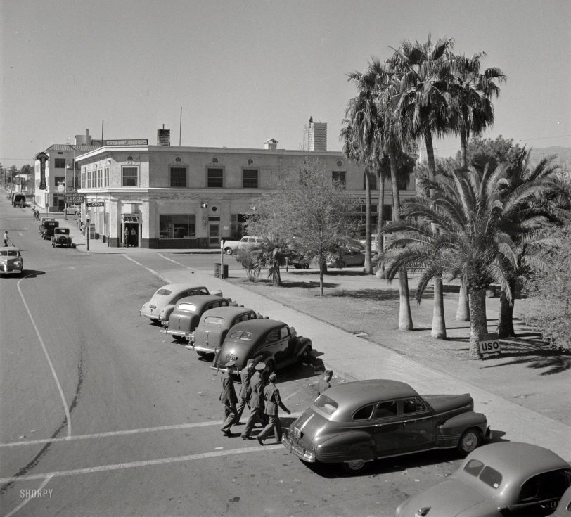 March 1943. Needles, California. "General view of street leading to depot of the Atchison, Topeka &amp; Santa Fe Railroad." Photo by Jack Delano. View full size.
