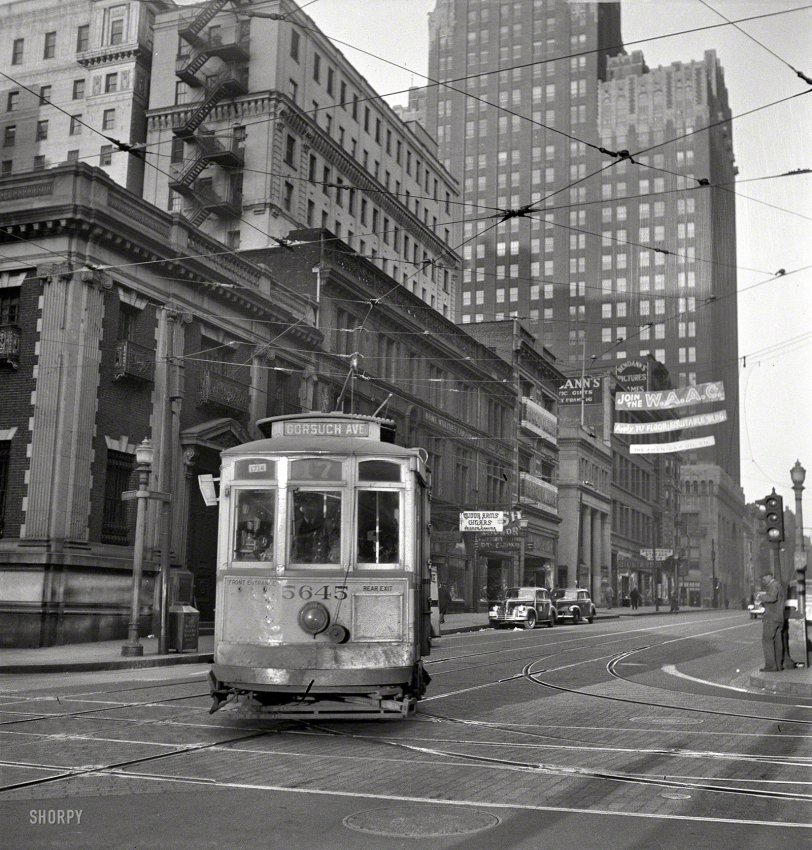 April 1943. Baltimore, Md. "Trolley of 1917 vintage. Many old cars have been reconditioned because of wartime transportation pressure." Medium format negative by Marjory Collins for the Office of War Information. View full size.
