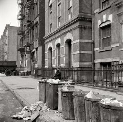 April 1943. "New York street scene in Harlem. Trash cans along the curb." Nitrate negative by Gordon Parks for the Office of War Information. View full size.