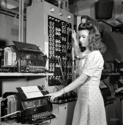 June 1943. Washington, D.C. "Muriel Pare, a switching clerk at the Western Union telegraph office." Old-school texting, shot by Esther Bubley. View full size.