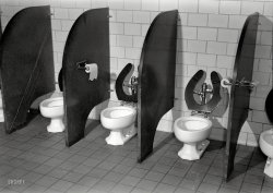 June 1943. Keysville, Virginia. "Randolph Henry High School. Lavatory facilities." The next stop on our tour of RHHS after the cafeteria. Photo by Philip Bonn for the Office of War Information. View full size.