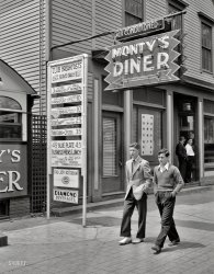 May 1942. "Southington, Conn. Monty's Diner." It's these guys, and they're back. (Actually, their front.) Photo by Fenno Jacobs for the OWI. View full size.